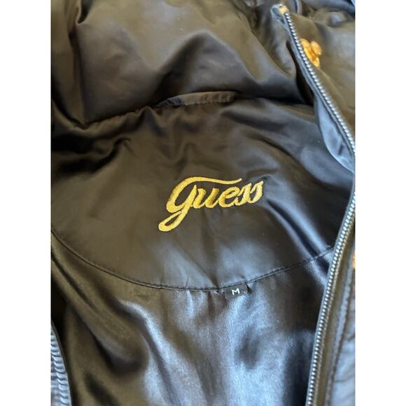 VTG Y2K Puffer Jacket Goose Down Feather Faux Fur Hood Black Silky Guess Women M - Picture 10 of 16